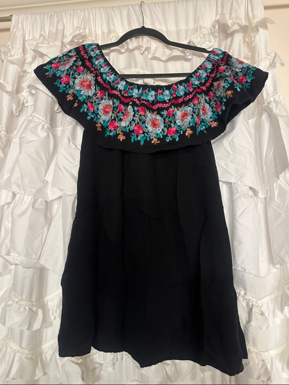 Umgee Black Off-Shoulder Mini Dress with Multicolor Floral Embroidery